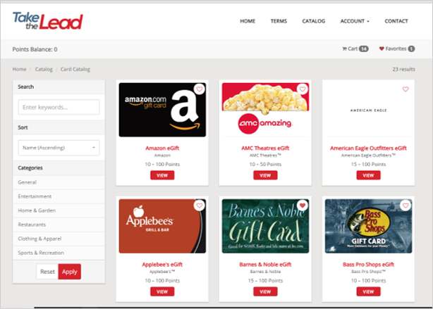 Gift Card catalog powered by Ignite for incentive programs