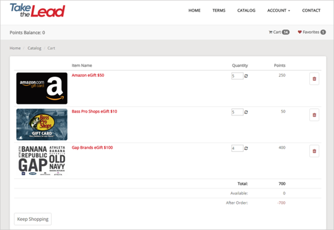 Shopping cart in the Ignite Platform for incentive programs with a reward catalog